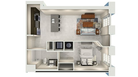 a 3d rendering of a 1 bedroom floor plan of a 2100 sq ft apartment